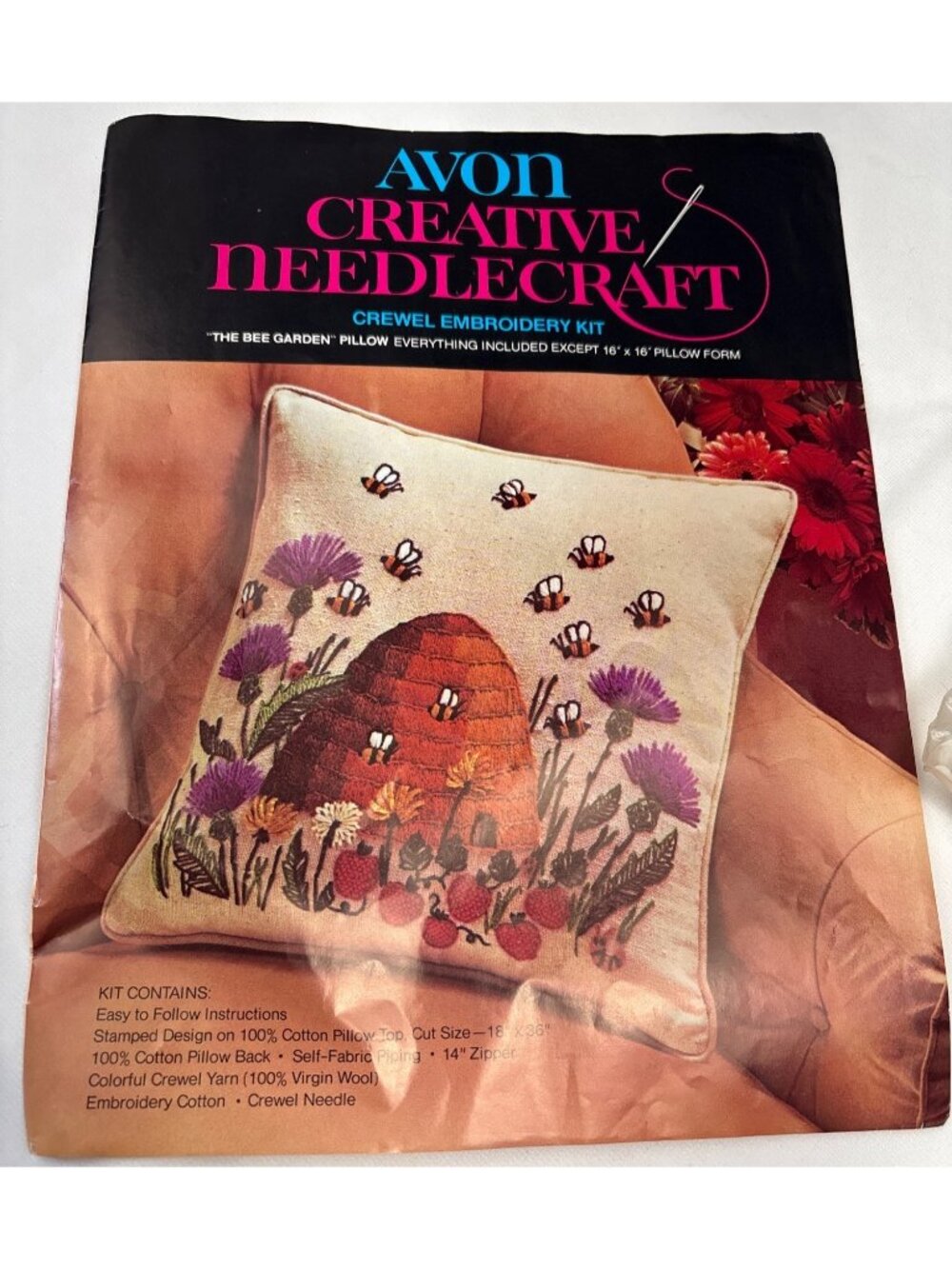 Avon Creative Needlecraft "The Bee Garden" Embroidery Kit 16"x16" Pillow Vintage